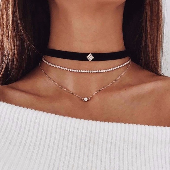Jewelry - Triple Layer Rhinestone Velvet Choker Necklace
